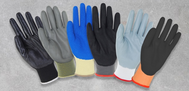 A portfolio of seamless string knitted gloves with different colored and styles of palm coatings